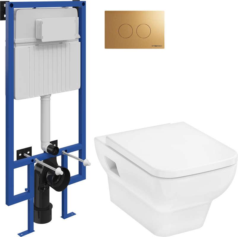 Комплект Унитаз подвесной Hansgrohe CreekTide Q безободковый, с микролифтом + Инсталляция STWORKI + Кнопка Хельсинки 500474 золотая матовая