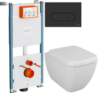 Комплект Унитаз подвесной VitrA Shift 7742B003-0075 белый глянцевый + Крышка 91-003-009 с микролифтом, петли хром + Инсталляция V-Fix Core 732-5800-01PV + Кнопка Root Round 740-2211 черная матовая