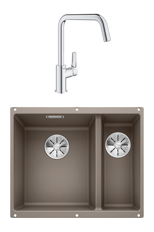 Комплект Мойка Blanco Subline 340/160-U серый беж, левая + Смеситель Grohe Eurosmart