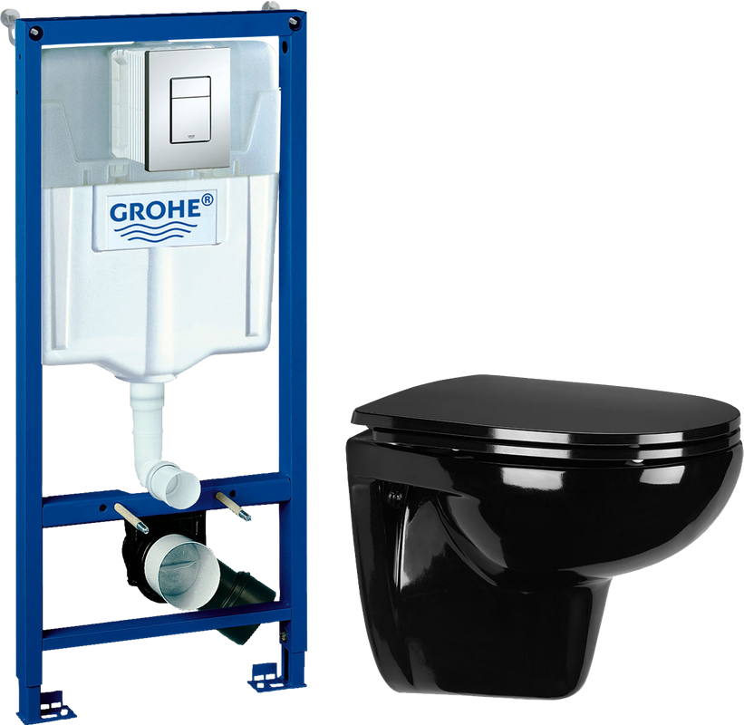 Комплект Унитаз подвесной Wanfald Lauta 47374100005 черный + Инсталляция Grohe Rapid SL 38772001 3 в 1 с кнопкой смыва