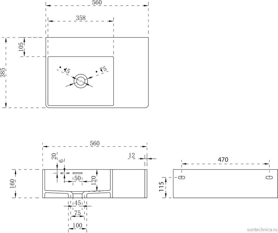 Раковина подвесная Abber Stein AS2644 L 56 матовая белая, прямоугольная, искусственный камень, со столешницей справа