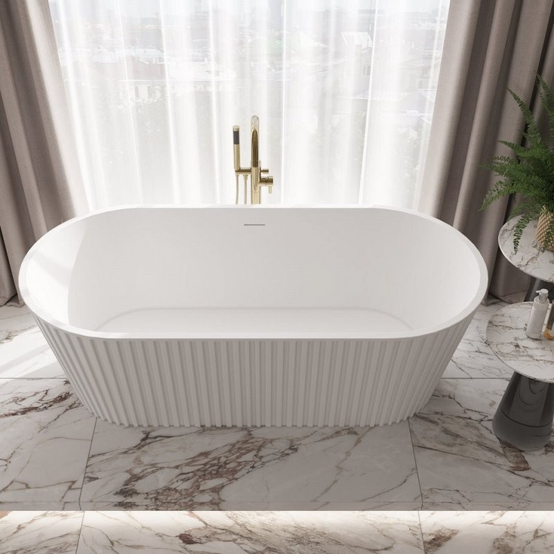 Акриловая ванна Teymi Kati T130111 170x80 см, отдельностоящая, белая матовая, овальная, со сливом-переливом, с донным клапаном, фурнитура белая