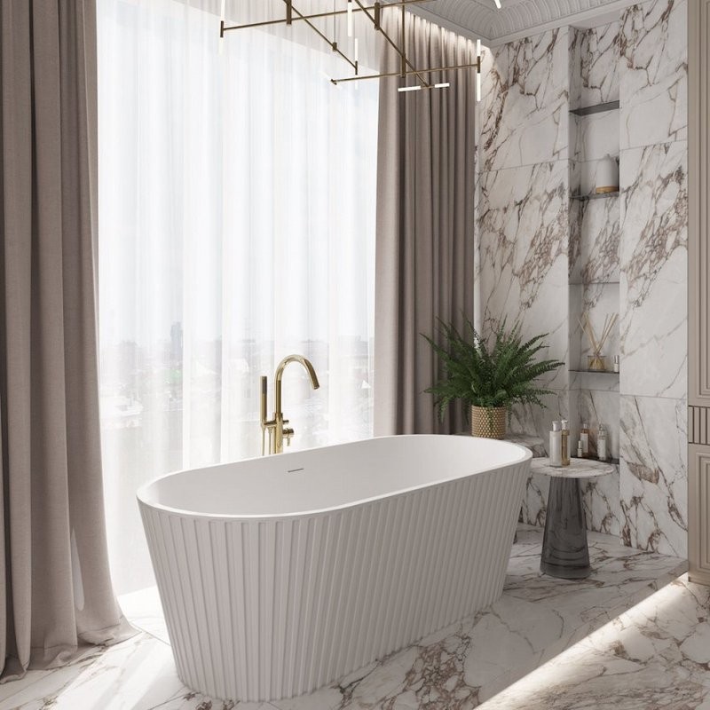 Акриловая ванна Teymi Kati T130111 170x80 см, отдельностоящая, белая матовая, овальная, со сливом-переливом, с донным клапаном, фурнитура белая