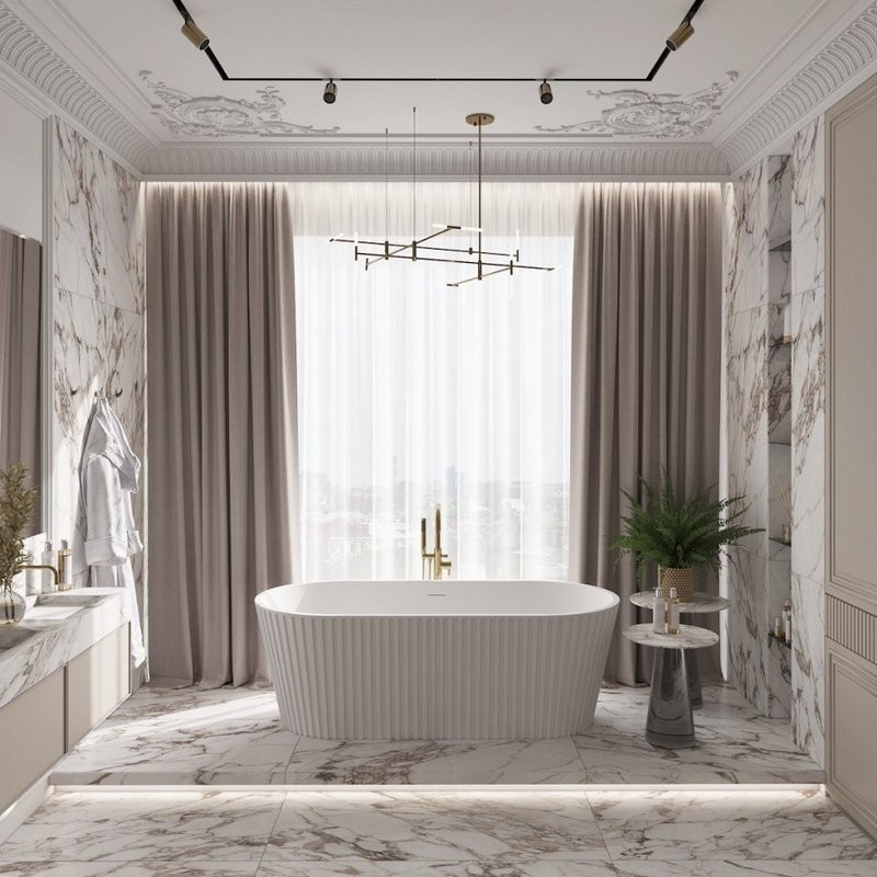 Акриловая ванна Teymi Kati T130111 170x80 см, отдельностоящая, белая матовая, овальная, со сливом-переливом, с донным клапаном, фурнитура белая