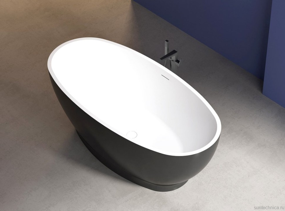 Акриловая ванна Abber AB9207MB 165x80 см, отдельностоящая, черная матовая, овальная, с каркасом, со сливом-переливом