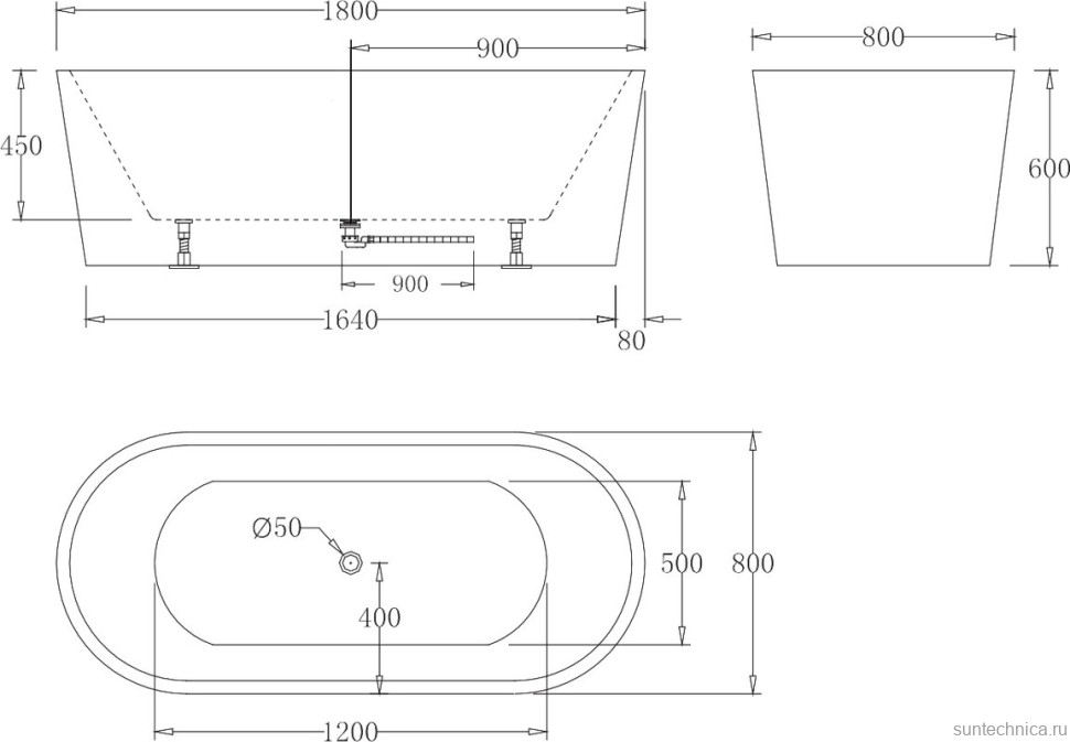 Акриловая ванна BelBagno BB71-1800-W0 180x80 см, отдельностоящая, белая, овальная, на ножках, с донным клапаном