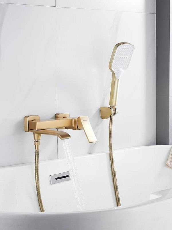 Смеситель для ванны с изливом и душевой лейкой Shevanik S4002G, золотой сатин