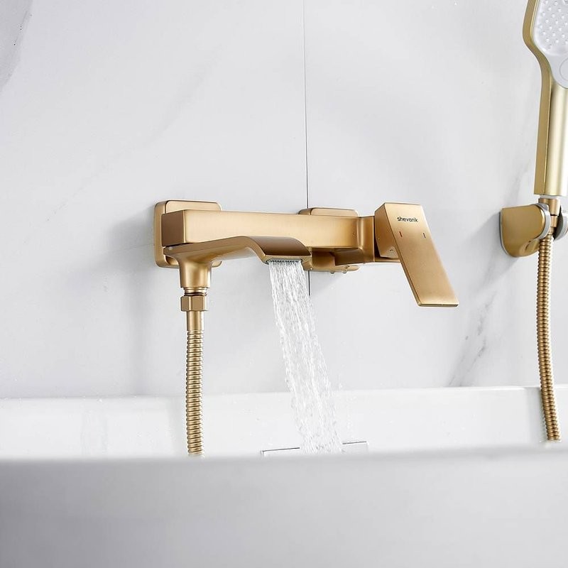 Смеситель для ванны с изливом и душевой лейкой Shevanik S4002G, золотой сатин
