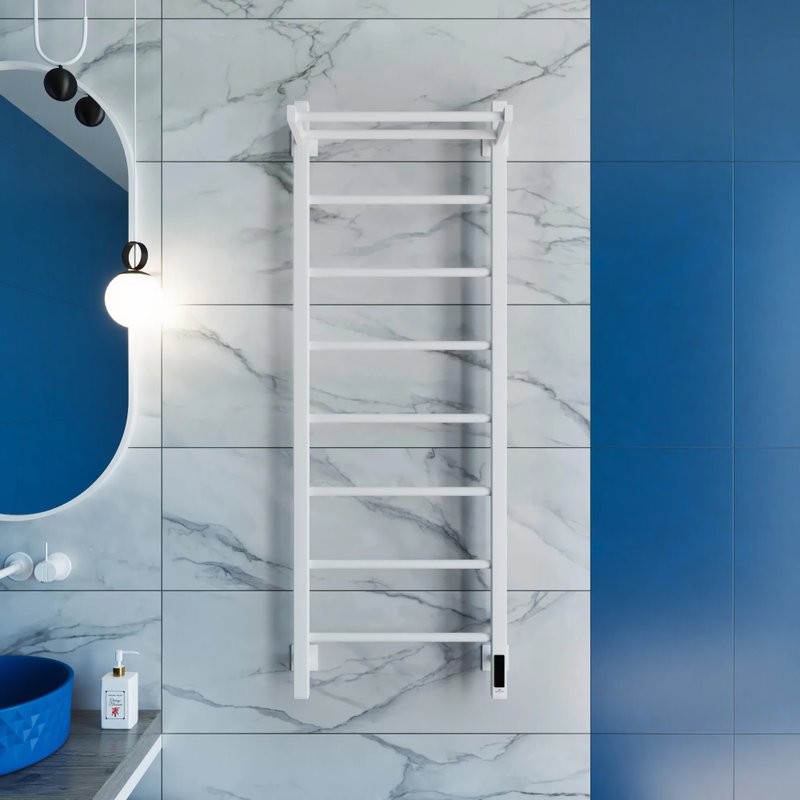 Полотенцесушитель электрический Grota App 430х1200 RAL9016 EL 120x45 см, подключение справа, слева, скрытое подключение справа, матовый белый, лесенка, из стали, с полкой