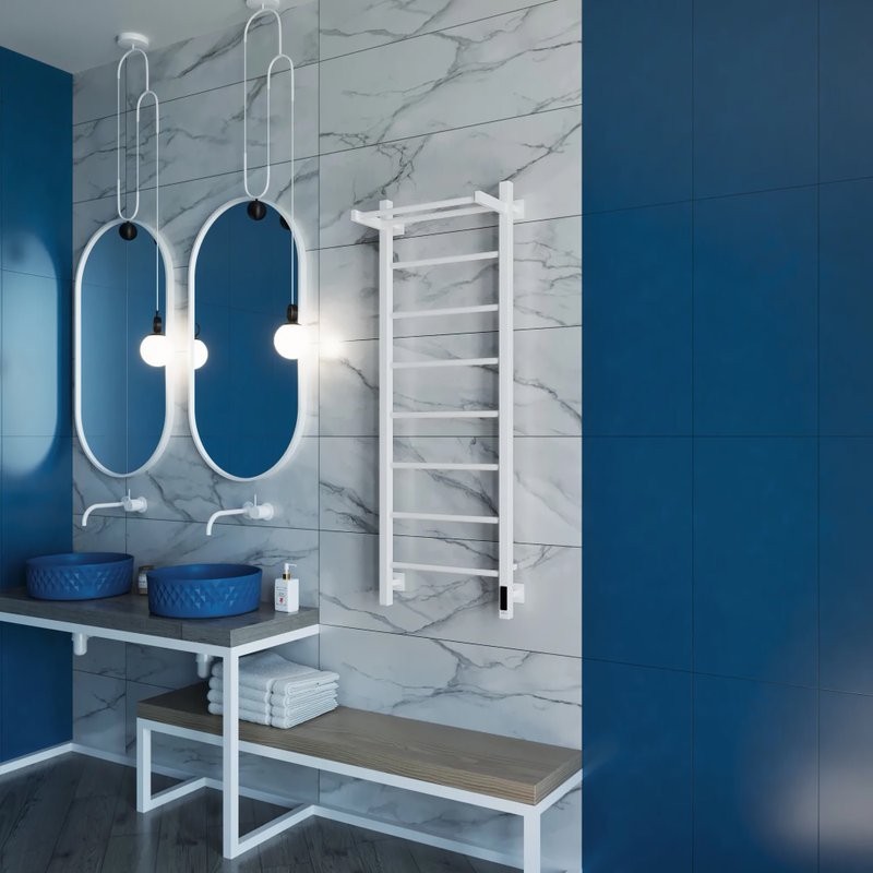 Полотенцесушитель электрический Grota App 430х1200 RAL9016 EL 120x45 см, подключение справа, слева, скрытое подключение справа, матовый белый, лесенка, из стали, с полкой