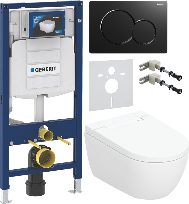 Комплект Умный унитаз Geberit AquaClean Alba безободковый, с биде + Инсталляция Duofix UP 320 111.300.00.5 + Кнопка Sigma 01 115.770.DW.5 черная + Звукоизоляция + Крепления 111.815.00.1 к стене