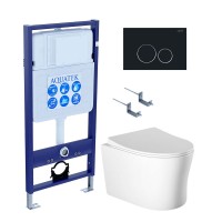 Комплект Унитаз подвесной AQUATEK Ника AQ2009-00 безободковый, с микролифтом + Инсталляция Standard INS-0000012 + Комплект креплений KKI-0000002 + Кнопка KDI-0000020 черный матовый