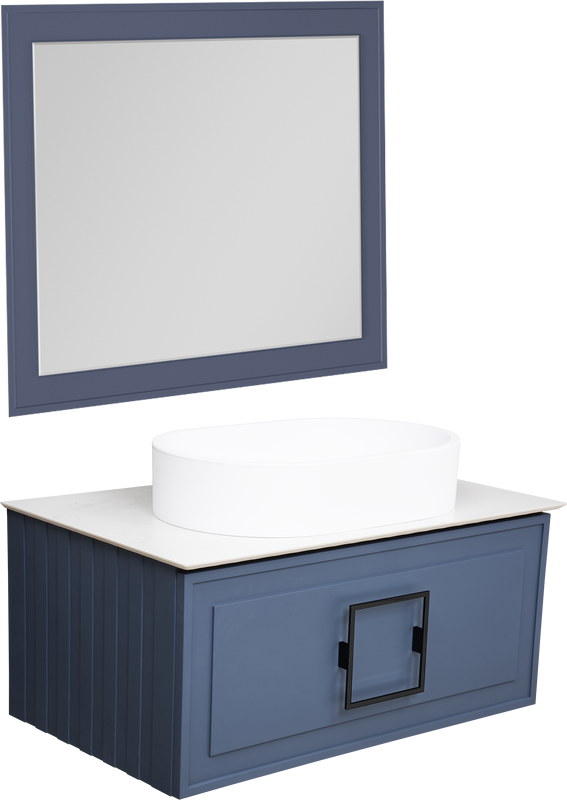 Мебель для ванной комнаты La Fenice Cubo 80 подвесная, синяя, ручка черная, столешница белый мрамор, раковина матовая белая
