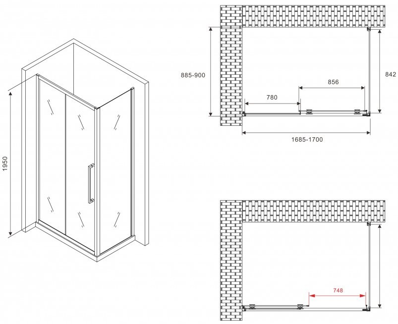 Душевой уголок Abber Schwarzer Diamant AG30170BH-S90B 170x90, профиль черный, стекло прозрачное