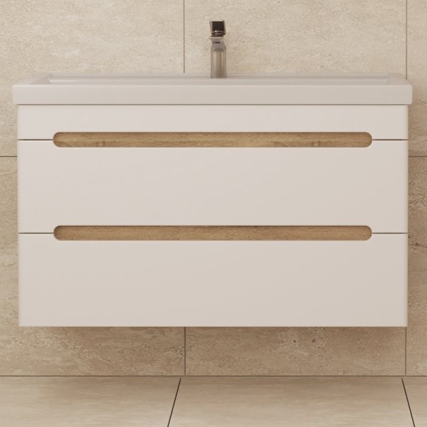 Тумба с раковиной SanStar Diva 100 подвесная, матовая белая, дуб вотан, раковина Фостер 100