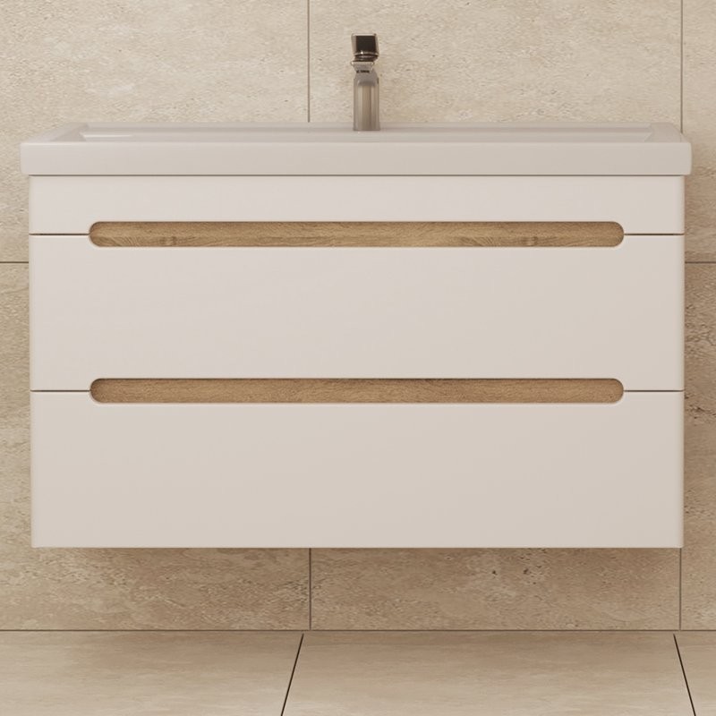 Тумба с раковиной SanStar Diva 100 подвесная, матовая белая, дуб вотан, раковина Фостер 100