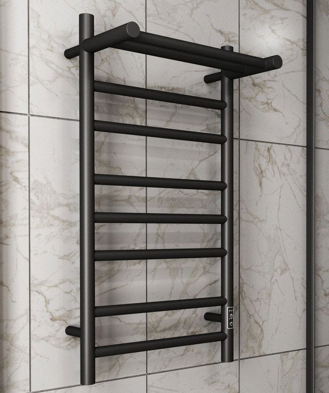 Полотенцесушитель электрический Bauedge Stil Shelf R 40х80, с полкой, матовый черный RAL9005