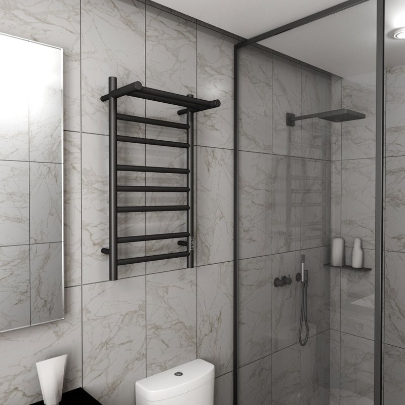 Полотенцесушитель электрический Bauedge Stil Shelf R 40х80, с полкой, матовый черный RAL9005
