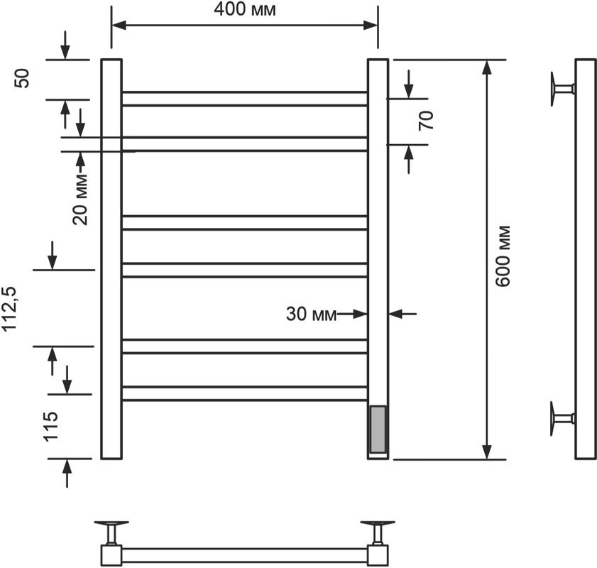 Полотенцесушитель электрический Comfysan Pioli-K EC-6 60x45 см, подключение справа, слева, хром, лесенка, из стали