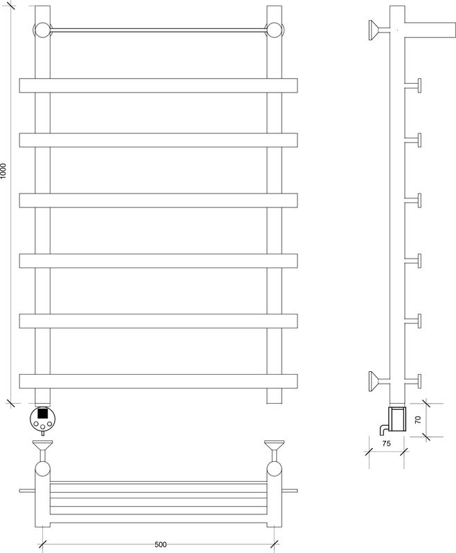 Полотенцесушитель электрический Secado Понтида 1 СП, L 100x60 см, подключение слева, глянцевый хром, лесенка, с полкой