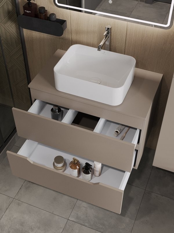 Тумба с раковиной Orange Line 80 подвесная, 2 ящика, матовый латте с раковиной B02-460W