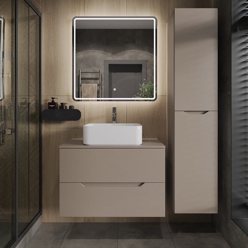 Тумба с раковиной Orange Line 80 подвесная, 2 ящика, матовый латте с раковиной B02-460W