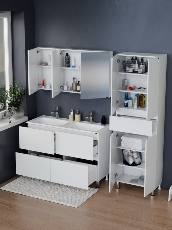 Мебель для ванной комнаты СаНта Марс 120 напольная, с ящиками, глянцевая белая