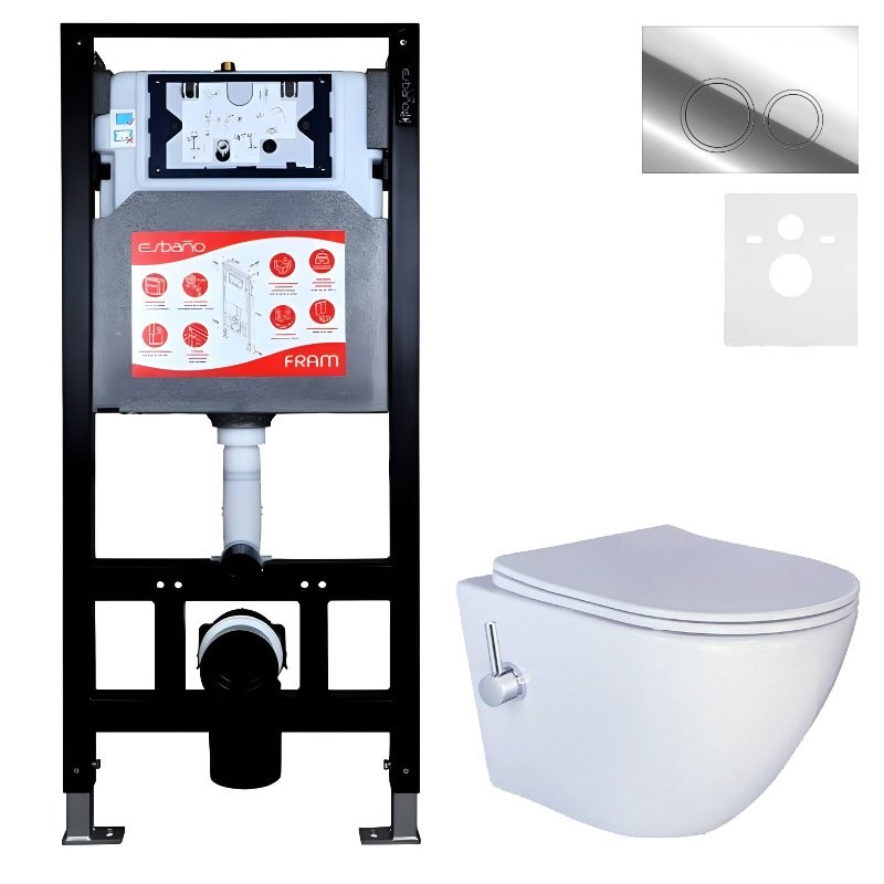 Комплект 3 в 1 Унитаз подвесной Esbano ESWBTERUWN + Инсталляция Fram + Кнопка ESINKRG11SC цвет глянцевый хром