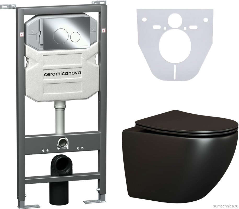 Комплект Унитаз подвесной Ceramicanova Metric CN4002MB безободковый, с микролифтом + Инсталляция Envision CN1001CH + Кнопка Round, хром