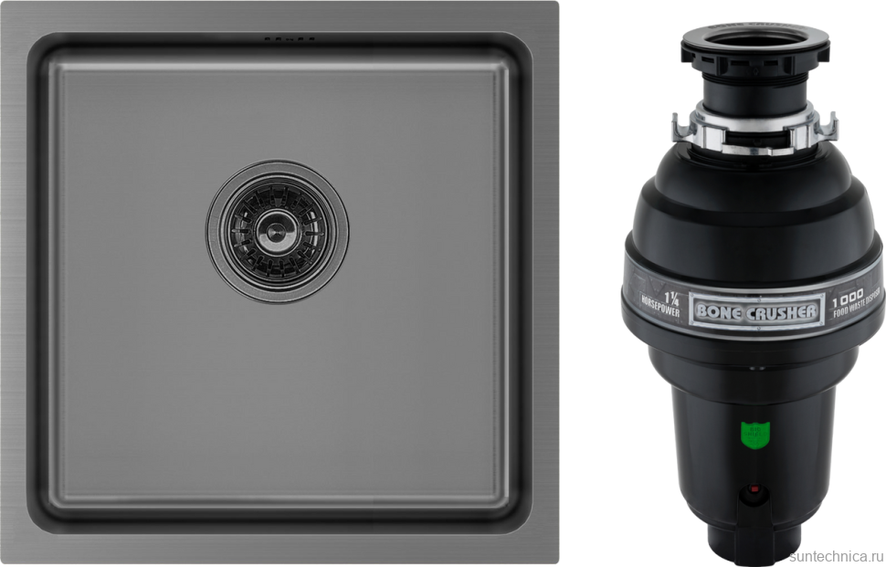 Комплект Мойка Paulmark Vista PM304444-GM вороненая сталь + Измельчитель Bone Crusher BC 1000-AS