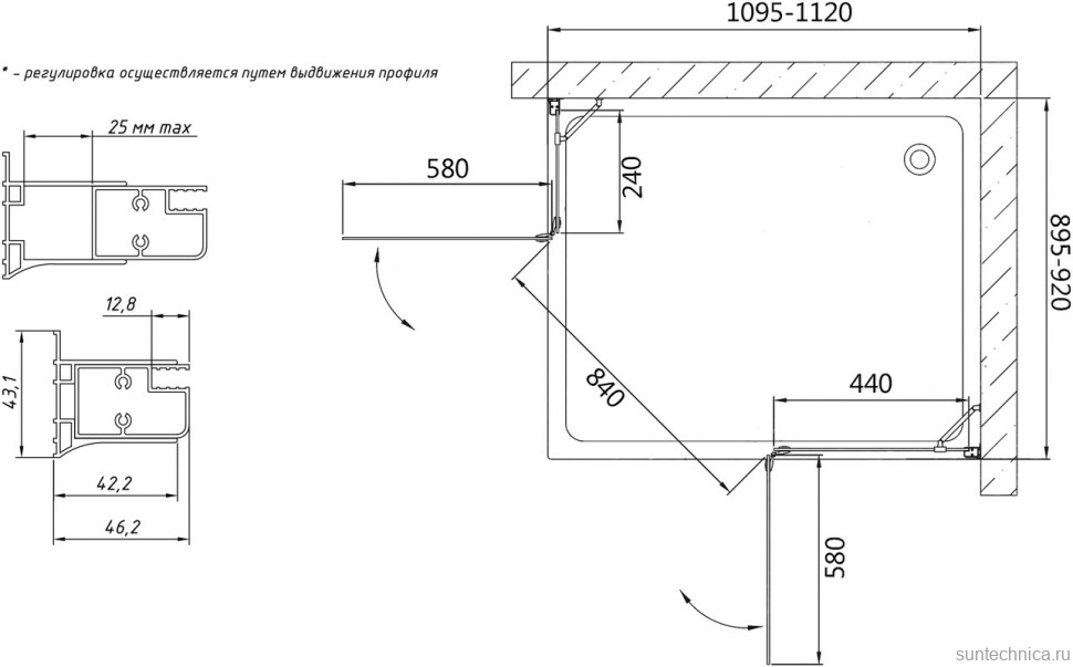 Душевой уголок Vegas Glass AFA-F 110*90 01 01 R профиль белый, стекло прозрачное