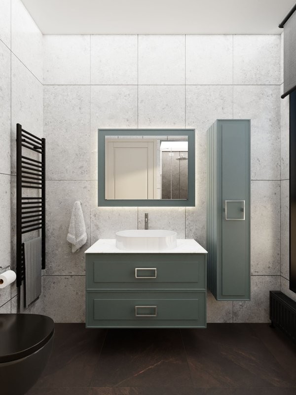 Тумба под раковину со столешницей La Fenice Cubo Twin 100 подвесная, серая, столешница белый мрамор, ручка белая