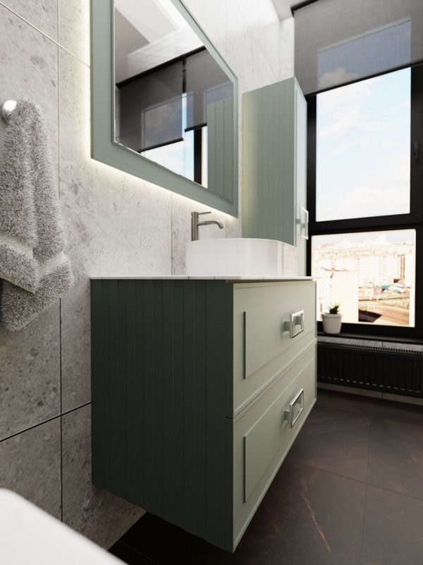 Тумба под раковину со столешницей La Fenice Cubo Twin 100 подвесная, серая, столешница белый мрамор, ручка белая