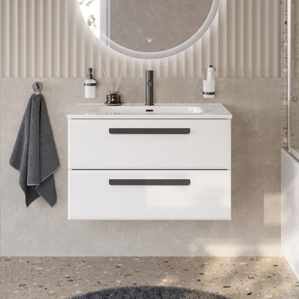 Тумба с раковиной Cezares Eco Cer-N 90 bianco lucido, раковина Duet 90, ручки матовые черные