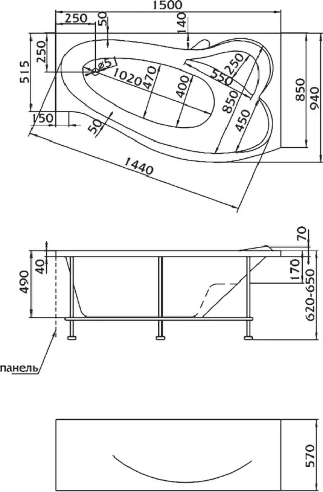 Акриловая ванна Marka One Gracia R 150x95 см, угловая, правая, пристенная, белая, асимметричная, с каркасом, с сиденьем