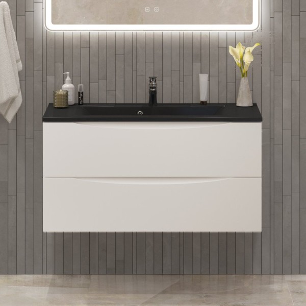 Тумба с раковиной BelBagno Marino 100 подвесная, bianco lucido, черная раковина