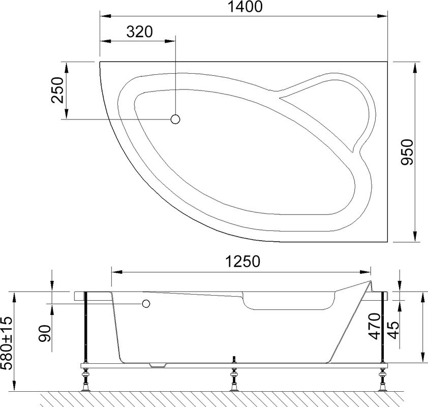 Акриловая ванна Royal Bath Alpine RB 819103 R 140x95 см, угловая, правая, пристенная, белая, асимметричная, с каркасом, с сиденьем