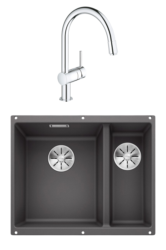 Комплект Мойка Blanco Subline 340/160-U темная скала, левая + Смеситель Grohe Minta 3291800E хром