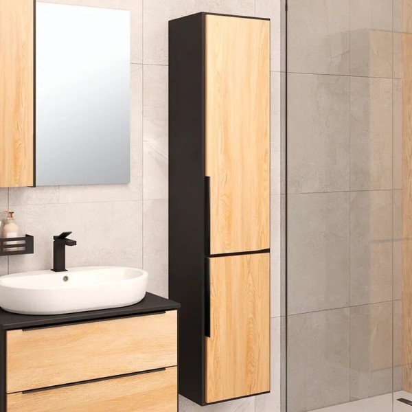 Шкаф пенал для ванной Runo Мальта подвесной, дуб, черный R