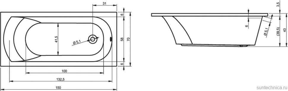 Акриловая ванна EUROLUX Miamika 150x70 см, пристенная, белая, с каркасом