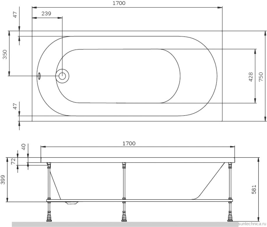 Акриловая ванна AM.PM X-Joy 170x75 см, пристенная, белая, с каркасом