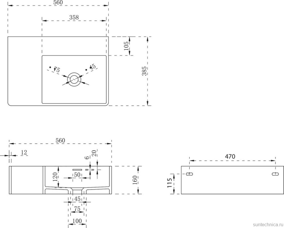 Раковина подвесная Abber Stein AS2644 R 56 матовая белая, прямоугольная, искусственный камень, со столешницей слева