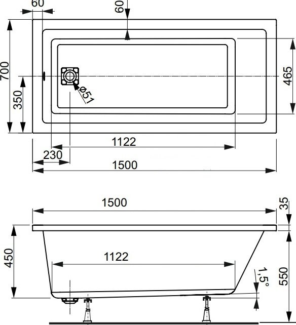 Акриловая ванна Vagnerplast Cavallo 150x70 см, пристенная, ультрабелая, с каркасом