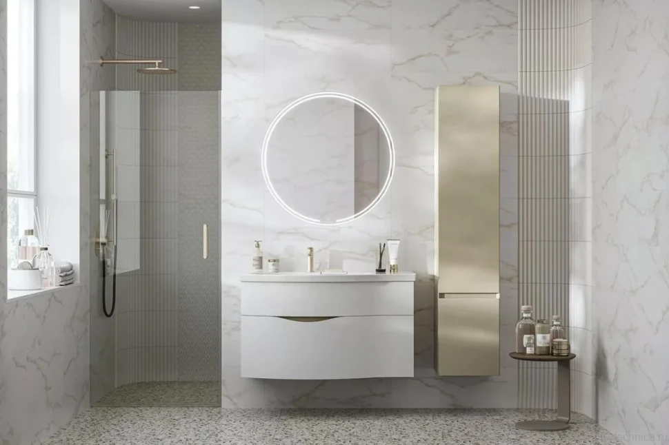 Мебельная раковина KERAMA MARAZZI Riva 100 L накладная, глянцевая белая, полукруглая, фаянс, со скрытым сливом