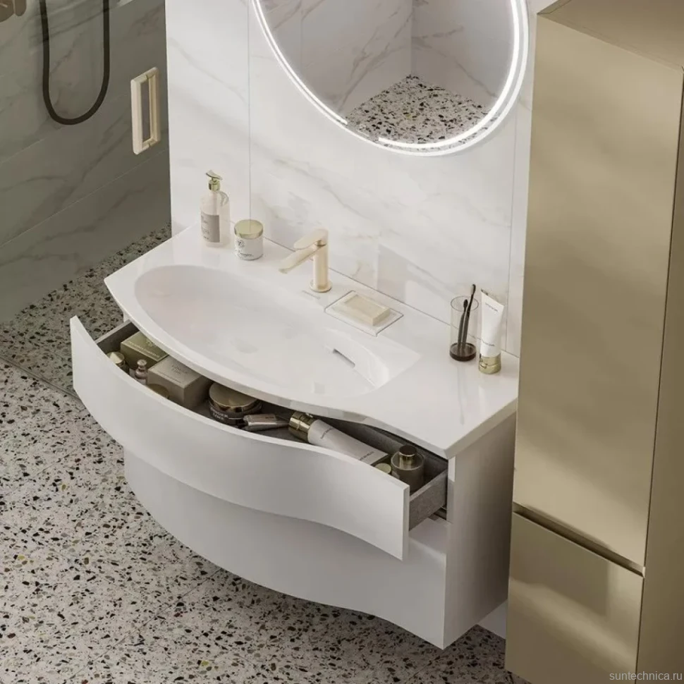 Мебельная раковина KERAMA MARAZZI Riva 100 L накладная, глянцевая белая, полукруглая, фаянс, со скрытым сливом