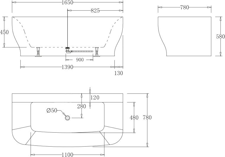 Акриловая ванна BelBagno BB74-1650-W0 165x80 см, пристенная, белая, на ножках, с донным клапаном