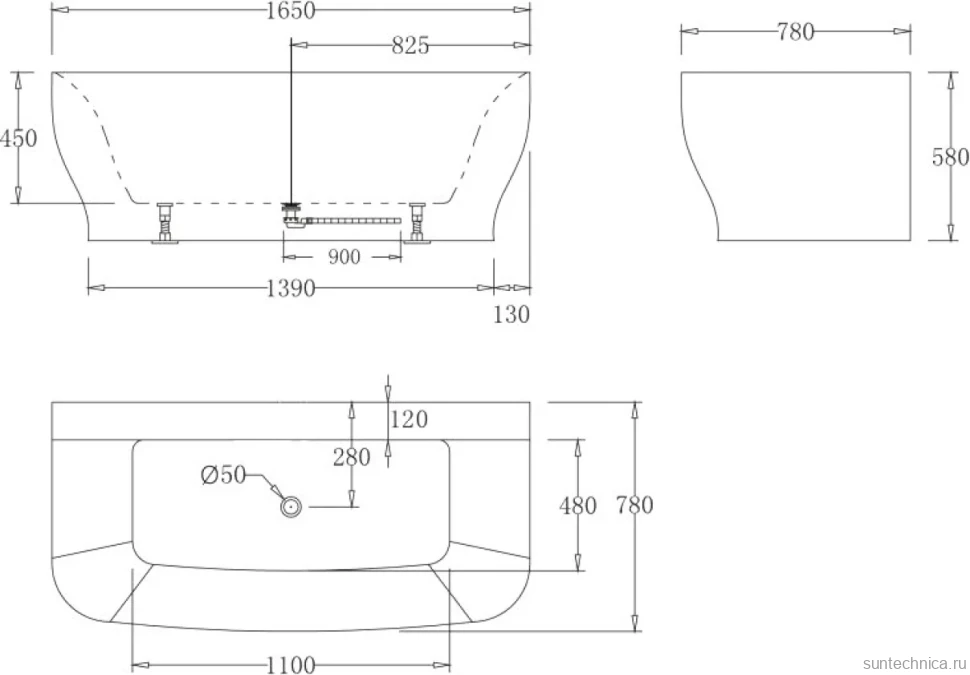 Акриловая ванна BelBagno BB74-1650-W0 165x80 см, пристенная, белая, на ножках, с донным клапаном