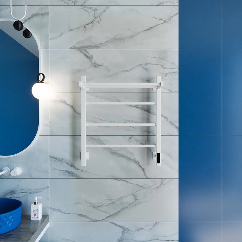 Полотенцесушитель электрический Grota App 530х600 RAL9016 EL 60x55 см, подключение справа, слева, скрытое подключение справа, матовый белый, лесенка, из стали, с полкой