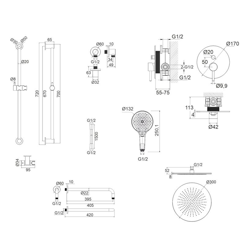 Душевой комплект WHITECROSS Y YSET05TOPBL С ВНУТРЕННЕЙ ЧАСТЬЮ, черный матовый