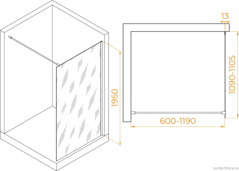 Душевая перегородка RGW Walk In WA-010B 110x195 см, профиль матовый черный, стекло матовое-сатинат